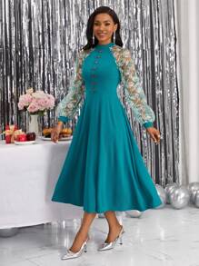 SHEIN Lady 印花網紗拼接插肩袖洋裝 - 綠色 - 查看 5