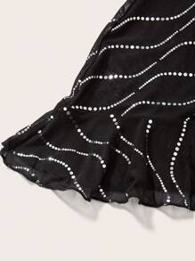SHEINNeu Contrast Mesh Cut Out Ruffle Hem Cami Dress - Black - View 5
