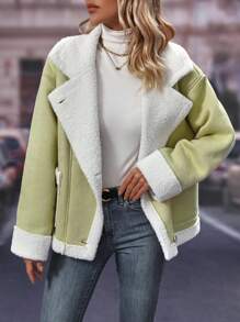 SHEIN Frenchy 毛絨內襯西裝領夾克 - 綠色 - 查看 1