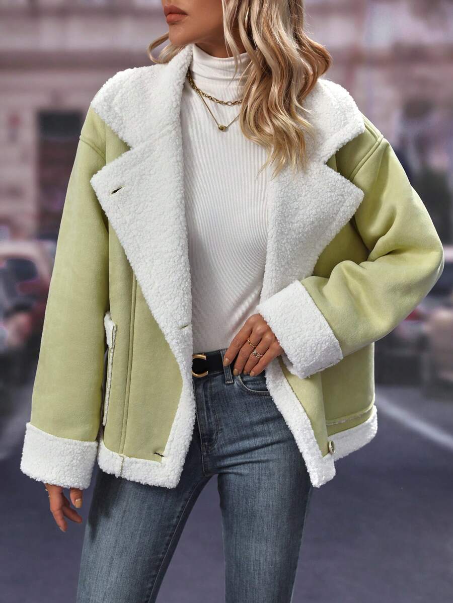 SHEIN Frenchy 毛絨內襯西裝領夾克 - 綠色 - 查看 1