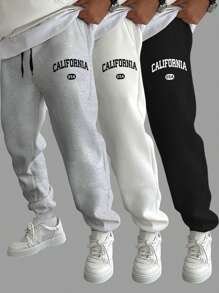 Manfinity Homme 男士三件套字母图案抽绳腰运动裤，长款纯黑色外出常规衬衫，男士加州美国运动裤，男士叠穿运动裤，运动裤套装 - 彩色 - 查看 1