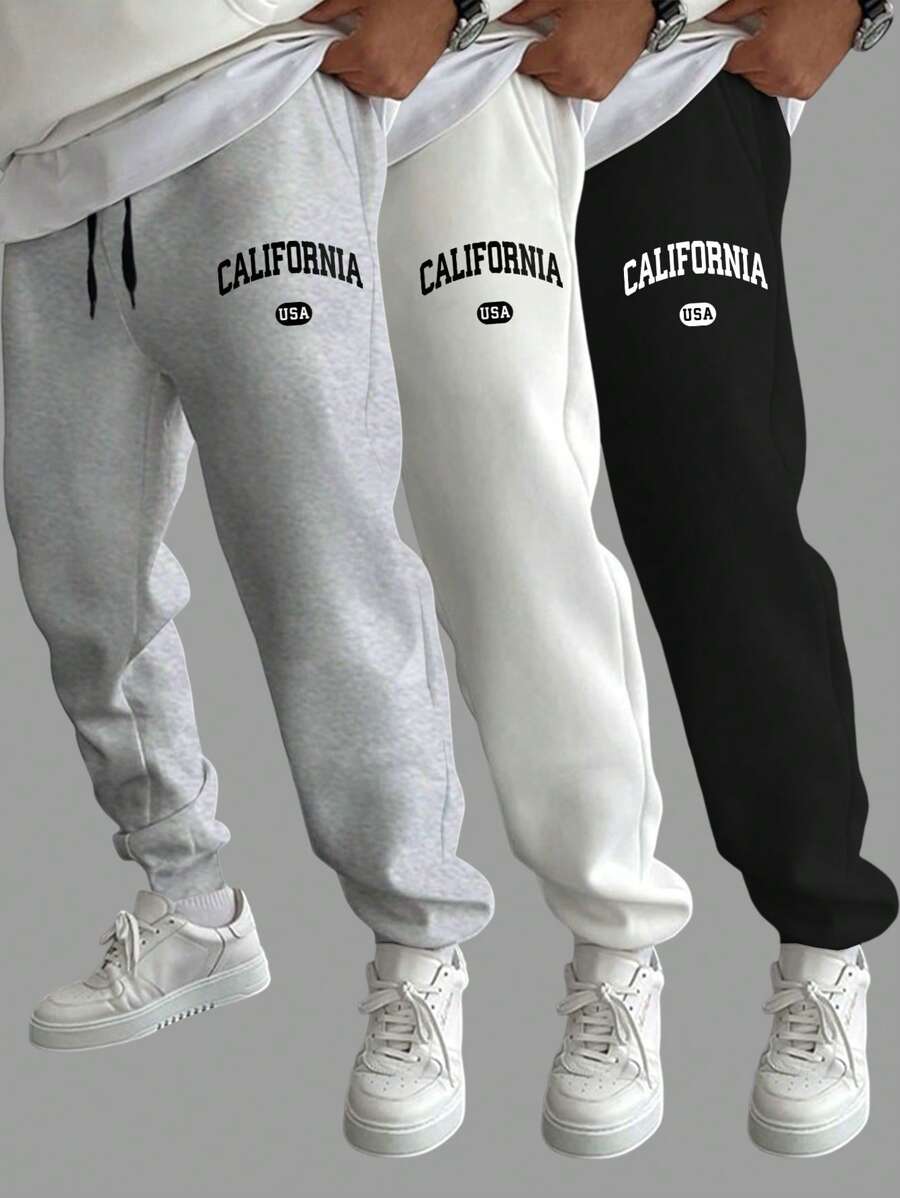 Manfinity Homme 男士三件套字母图案抽绳腰运动裤，长款纯黑色外出常规衬衫，男士加州美国运动裤，男士叠穿运动裤，运动裤套装 - 彩色 - 查看 1