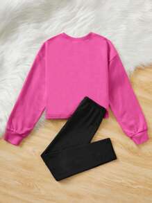 SHEIN 女大童蝴蝶圖案扭結下擺套頭衫&緊身打底褲 - 玫紅色 - 查看 2