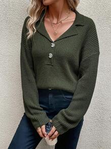 SHEIN LUNE Suéter de punto acanalado con botones y hombros caídos para otoño e invierno - Verde militar - Ver 5