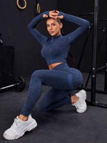 Powerista Seamless& Thumbholes Top-Stitching Zipper Sports Set Outfit Set Workout Women Set Women Leggings Set Gym Women Outfit - Navy Blue - View 4