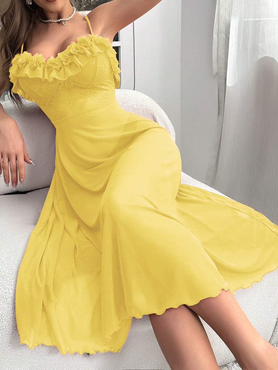 Snug Zone 荷叶边网眼吊带睡衣长裙 - 黃色 - 查看 1