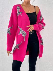 SHEIN Essnce Leopard Pattern Drop Shoulder Duster Cardigan - Hot Pink - View 4