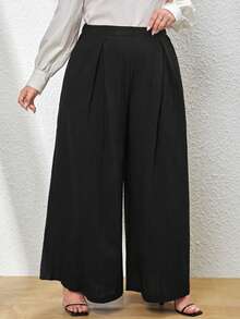 SHEIN Privé Plus Solid Fold Pleated Wide Leg Pants - Black - View 4