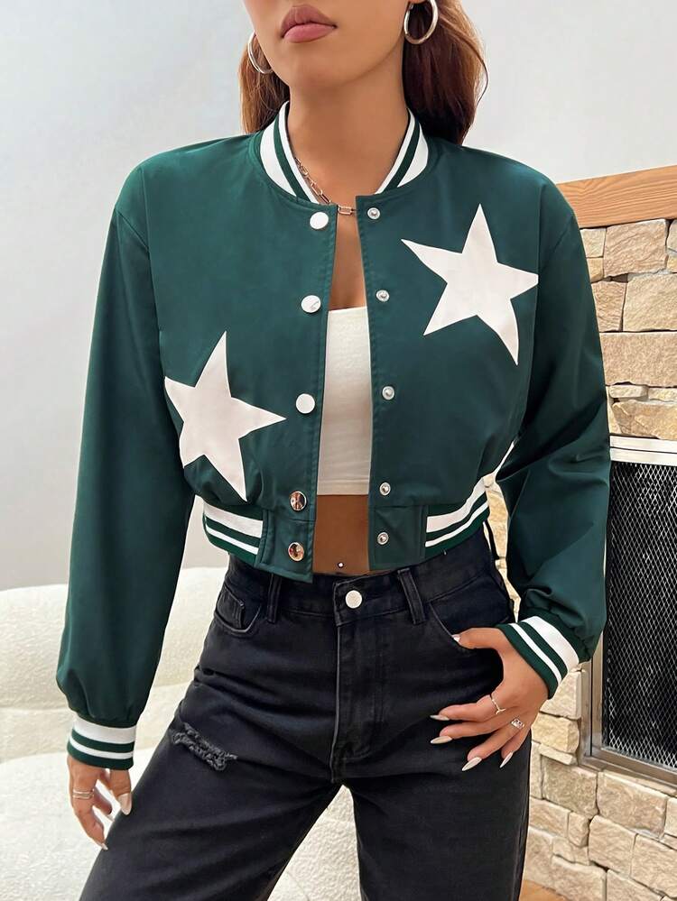 Striped & Star Patterned Green Jacket