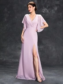 Surplice Neck Split Thigh Dress - Pink - View 1