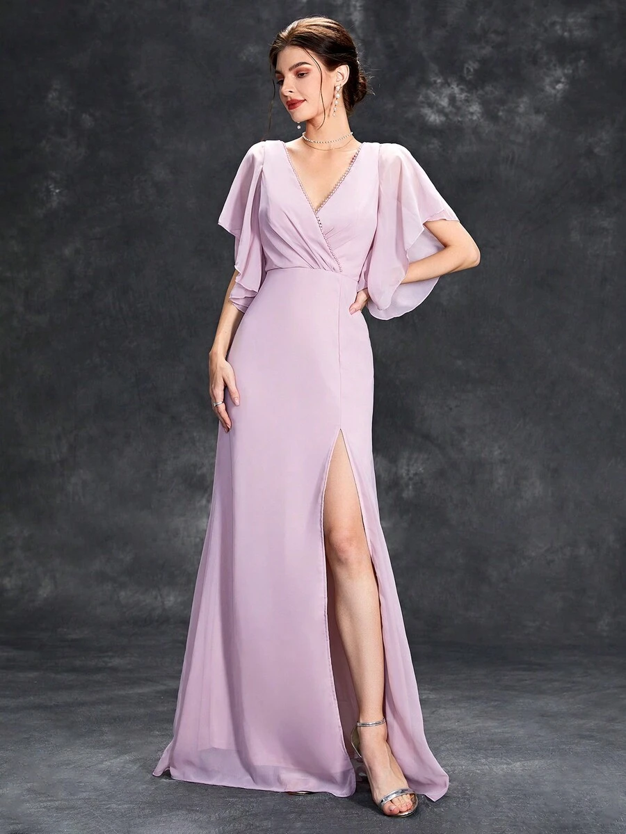 Surplice Neck Split Thigh Dress - Pink - View 1