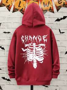 SHEIN Tween Boy Letter & Skeleton Print Drop Shoulder Sweatshirt - Burgundy - View 1