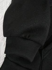 SHEIN EZwear Tree & Letter Graphic Kangaroo Pocket Drawstring Thermal Hoodie - Black - View 4