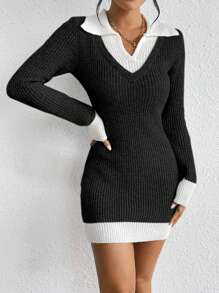 SHEIN Essnce Contrast Trim Bodycon Sweater Dress - Black - View 3