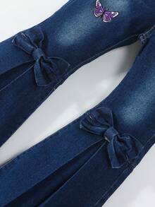Young Girl Butterfly Embroidery Bow Front Flare Leg Jeans - Dark Wash - View 5