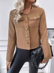 SHEIN Essnce Túi có nắp Nút phía trước Áo khoác - Màu Khaki - Xem 5