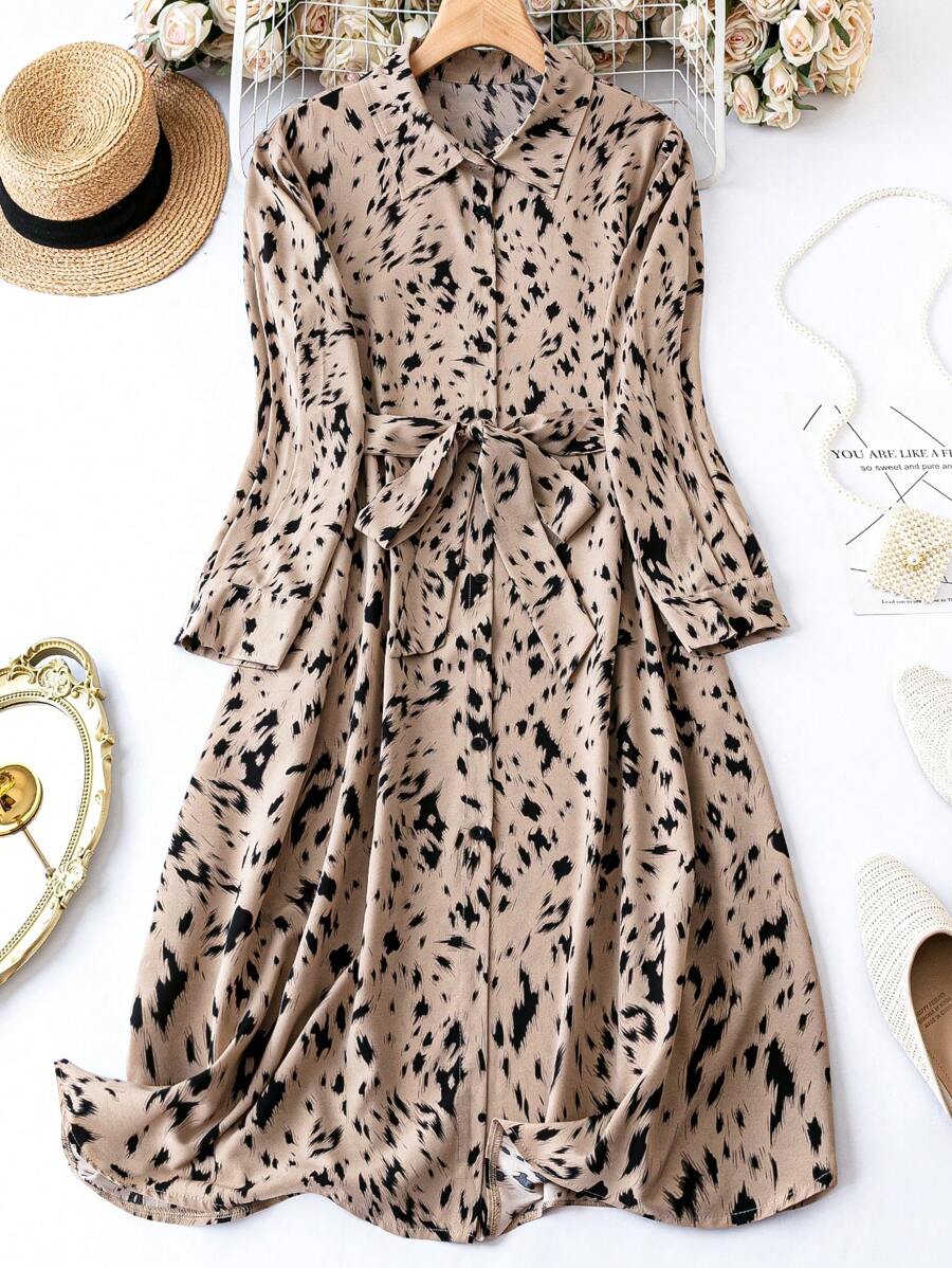 SHEIN LUNE Plus Allover Print Belted Shirt Dress Maxi Women Outfit Fall Cloth For Women - Khaki - View 1