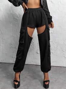 SHEIN ICON Cắt ra Túi nắp bên cạnh Quần thể thao bảo Cargo - màu đen - Xem 2