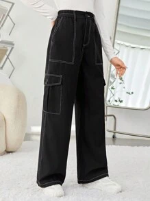 SHEIN 青少女編織實色休閒長褲,配有口袋和對比細節 - 黑色 - 查看 5