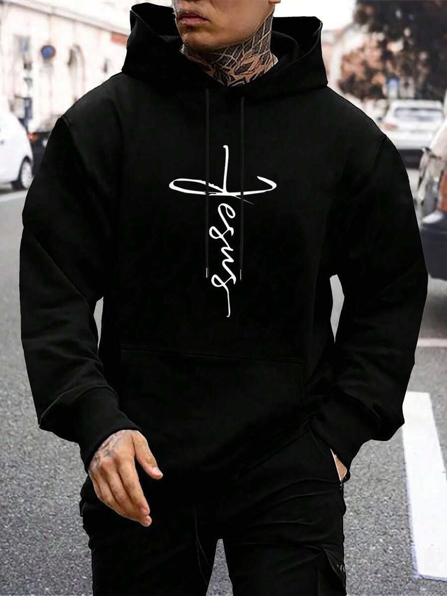 Manfinity Homme 男士字母圖案袋鼠口袋抽繩連帽衫 - 黑色 - 查看 1