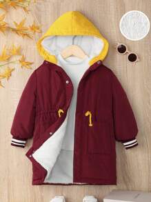 SHEIN Cappotto imbottito con cappuccio, vita con coulisse e dettagli a contrasto, foderato termicamente per ragazzo giovane - Bordò - Visualizzare 2