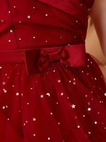 Tween Girl Foldover Cold Shoulder Bow Front Glitter Mesh Gown Dress - Burgundy - View 5