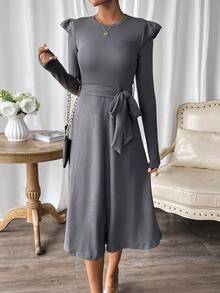 SHEIN Essnce Solid Belted A-line Dress - Dark Grey - View 3