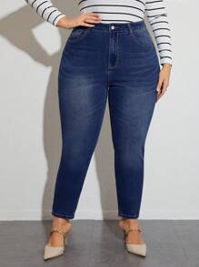 SHEIN Privé Pantalones Ajustados Elásticos Con Tobillos Estrechos - Azul lavado oscuro - Ver 3