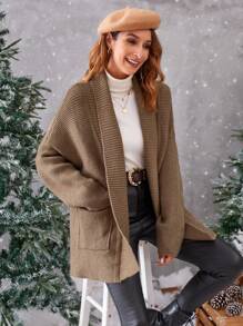 GENKIRA 披肩领蝙蝠袖双口袋开衫 - 棕色 - 查看 2