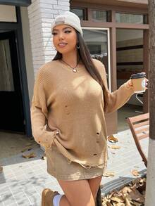 SHEIN EZwear Talla grande Suéter roto de hombros caídos desgarro - Caqui - Ver 5