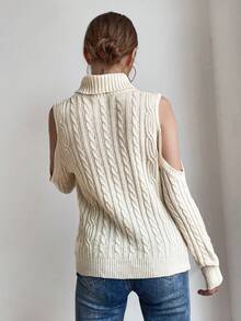 SHEIN Essnce Áo cao cổ Vai lạnh Xoắn Dan Áo len - Màu be - Xem 2