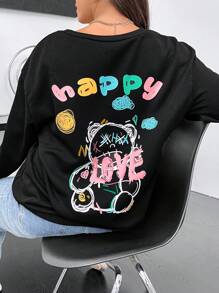 Flirla Plus Cartoon & Letter Graphic Sweatshirt Pullover Fall Sweatshirt - Black - View 3