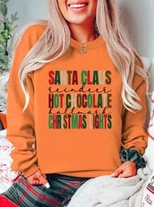 SHEIN EZwear Christmas Slogan Graphic Drop Shoulder Sweatshirt - Orange - View 1
