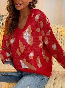 SHEIN Frenchy V領落肩圖案毛衣 - 紅色 - 查看 5