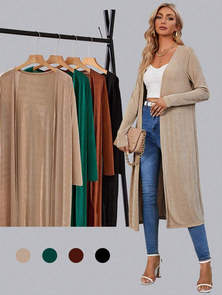 Women's Long Cardigan Sweater Coat, Open Front Long Sleeve Knitted Mid-Length Jacket, Business Casual Basic Autumn Outerwear