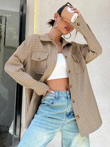 SHEIN Unity Women's Plaid Drop Shoulder Overcoat - Coffee Brown - View 3