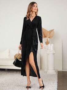 SHEIN Clasi Surplice Neck Draped Side Split Thigh Dress - Black - View 5