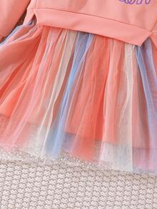 SHEIN Young Girl Cartoon Graphic Contrast Mesh Hem Dress - Pink - View 5