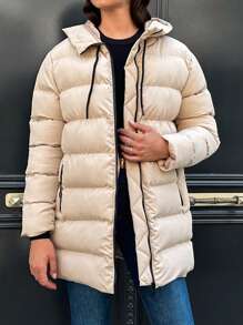 RueChic Zip Up Hooded Puffer Coat - Beige - View 4