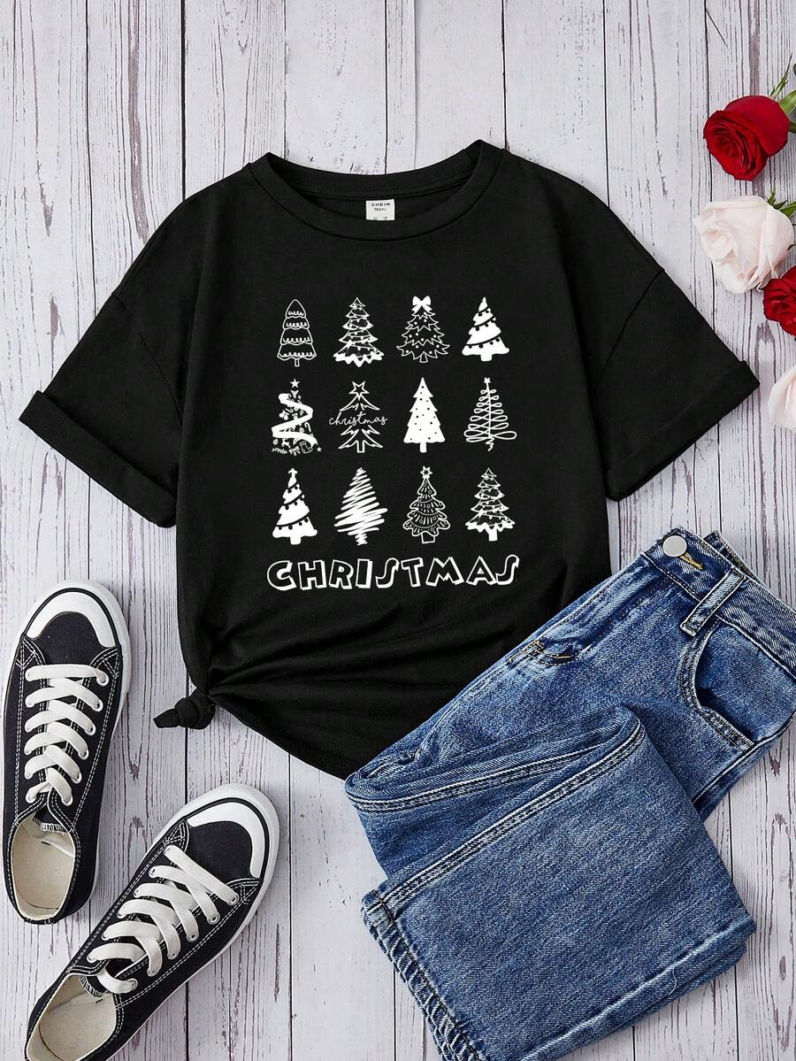 Thiếu niên cô gái 1 Miếng Cây thông noel & Đồ họa Chữ cái Áo thun - màu đen - Xem 1