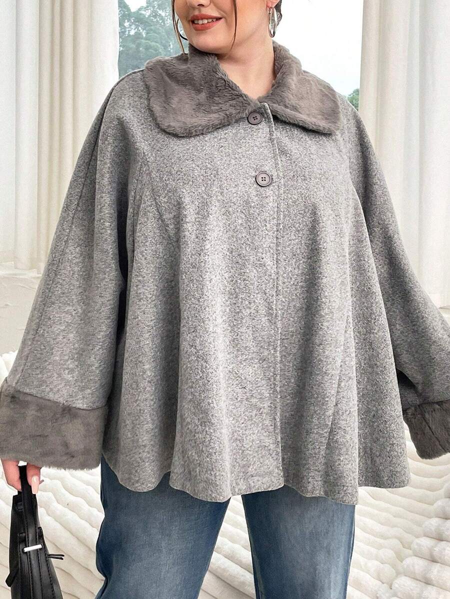 Flirla Plus Borg Collar Cloak Sleeve Overcoat - Light Grey - View 1
