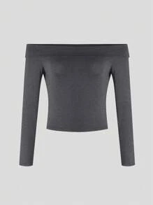 SHEIN EZwear Gấp lại Off Shoulder Áo phông Crop - Xám - Xem 3