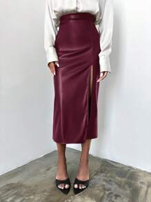 SHEIN Cottnline High-Waisted Pu Leather Skirt With High Side Slit - Burgundy - View 4