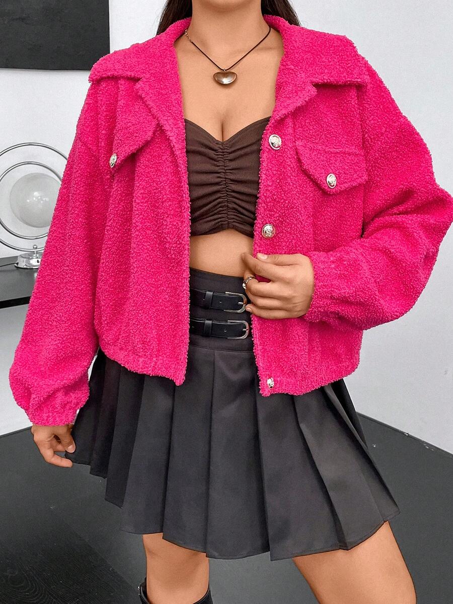 Flirla Hơn Thả vai Áo Teddy Jackets - Màu Hồng Tươi - Xem 1