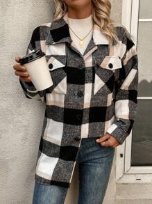 SHEIN Essnce Plaid Print Drop Shoulder Flap Pocket Overcoat - Multicolor - View 5