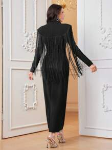 Modelyn Fringe Trim Split Back Bodycon Modest Long Sleeve Dress Long Evening Dresses