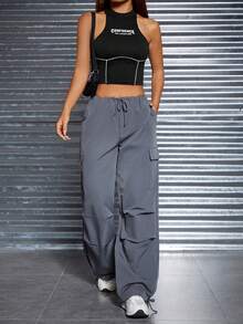 SHEIN PETITE Đồ họa Chữ cái Khâu trên cùng Crop Tank Top - màu đen - Xem 5