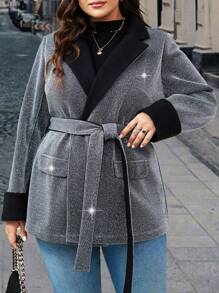 SHEIN Unity 大碼西裝領腰帶花呢外套 - 黑色 - 查看 3