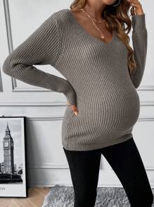 SHEIN Maternidad Jersey tejido de canalé - Marrón Mocha - Ver 4