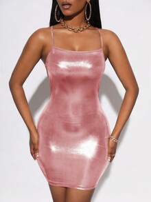 SHEIN SXY Vestido ajustado de tirantes de color metálico - Rosa - Ver 4